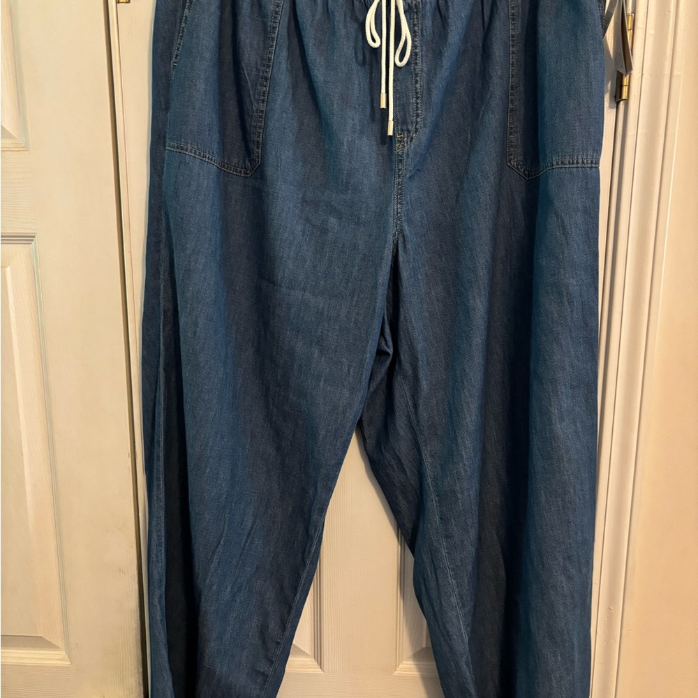 Michael Kors Blue Wide-Leg Denim Jeans with Drawstring
